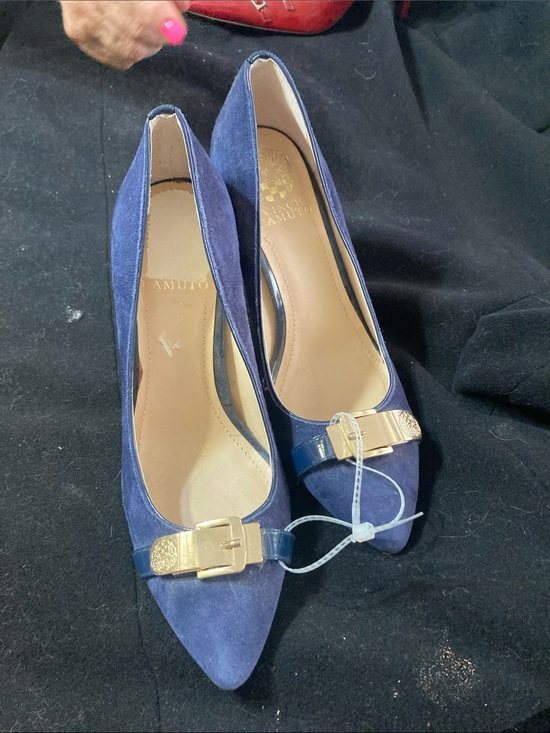 Vince Camuto Shoes - Vince Camuto Navy Suede Pointed Toe Pumps with Gold Buckle